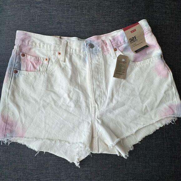 Women’s Levi 501 White Shorts With Pink And Blue Tye Dye Size 33 - Picture 9 of 12